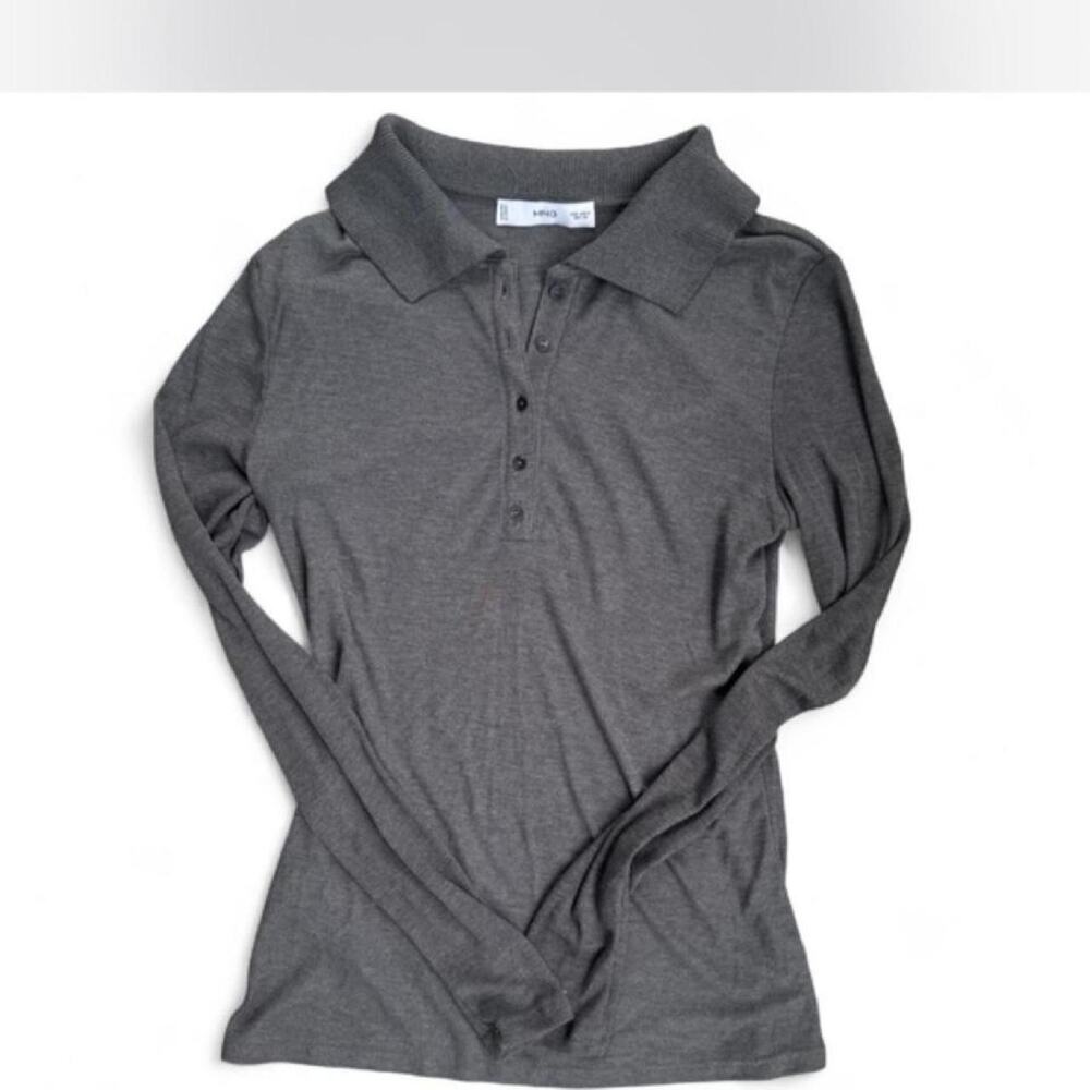 Mango Knit Gray Long Sleeve Polo Shirt Size Small • Lightweight • Soft w/ Collar
